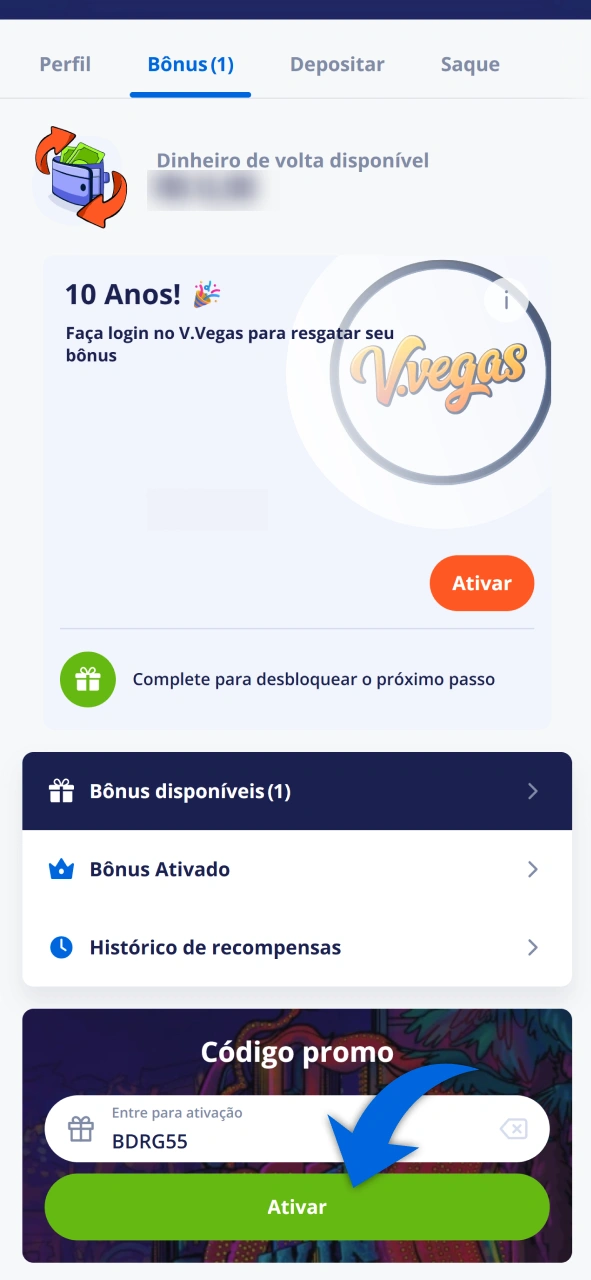 Confirme o uso do código para ativar os bônus no Vulkan Vegas.