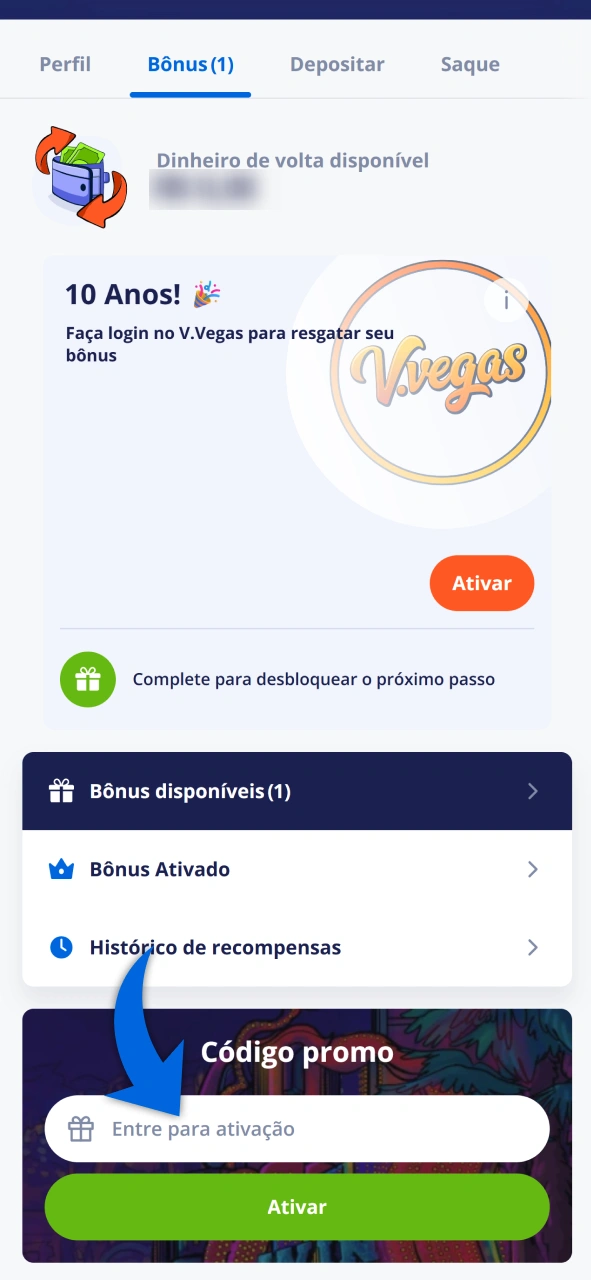 Insira o código no campo indicado em seu perfil do Vulkan Vegas.