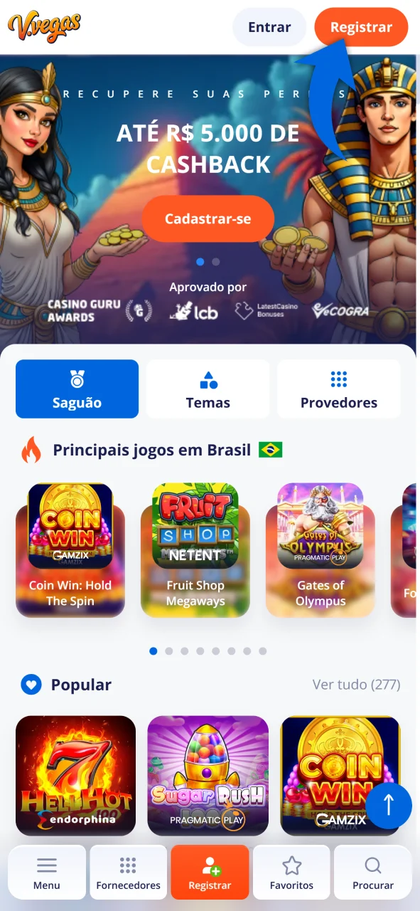 Clique no botão de cadastro para realizar sua inscrição no Vulkan Vegas.