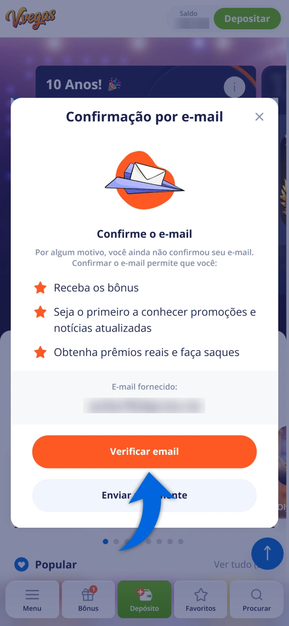 Confirme seu endereço de e-mail para validar sua inscrição no Vulkan Vegas.