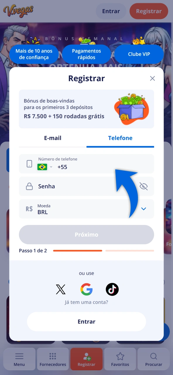 Informe os dados iniciais necessários para a sua inscrição no Vulkan Vegas.