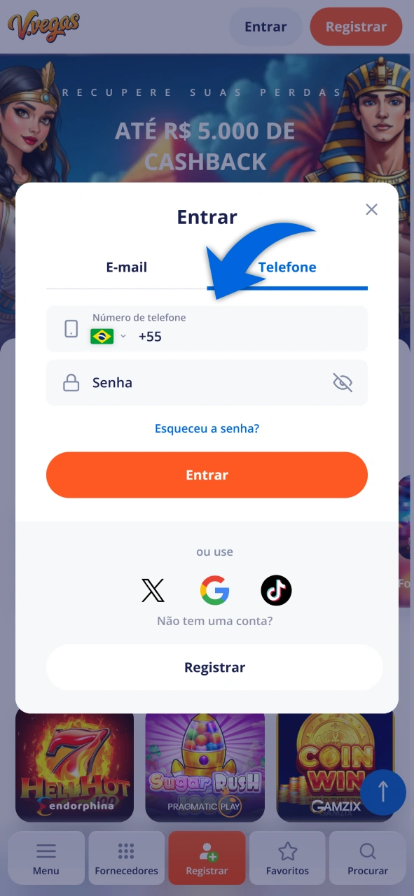 Faça login e acesse o caixa para seu Depósito no Vulkan Vegas.
