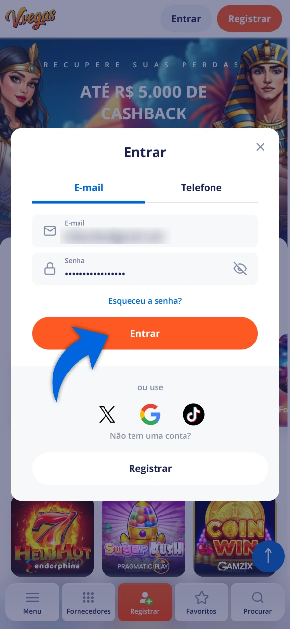 Acesse sua conta clicando neste botão no Vulkan Vegas.