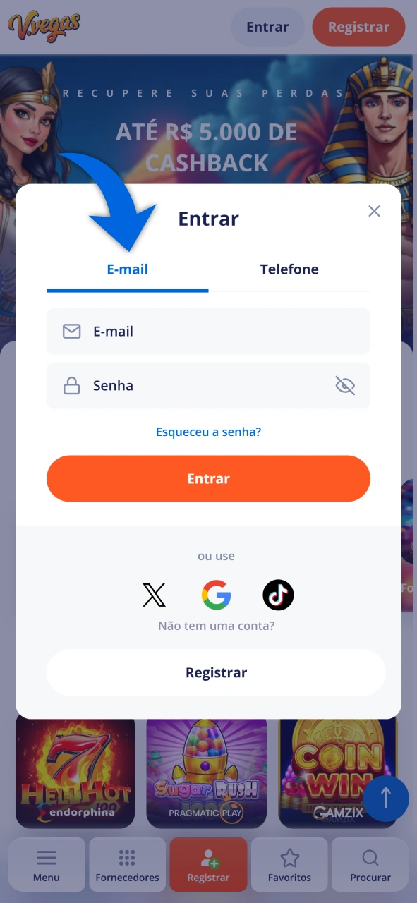 Escolha o método de login e insira seus dados no Vulkan Vegas.