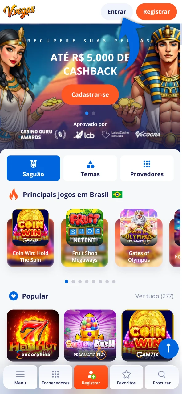 Encontre o botão de login no Vulkan Vegas.