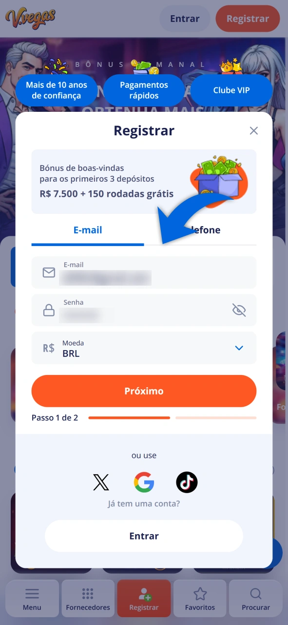 Complete o formulário inicial para sua inscrição no cassino Vulkan Vegas.