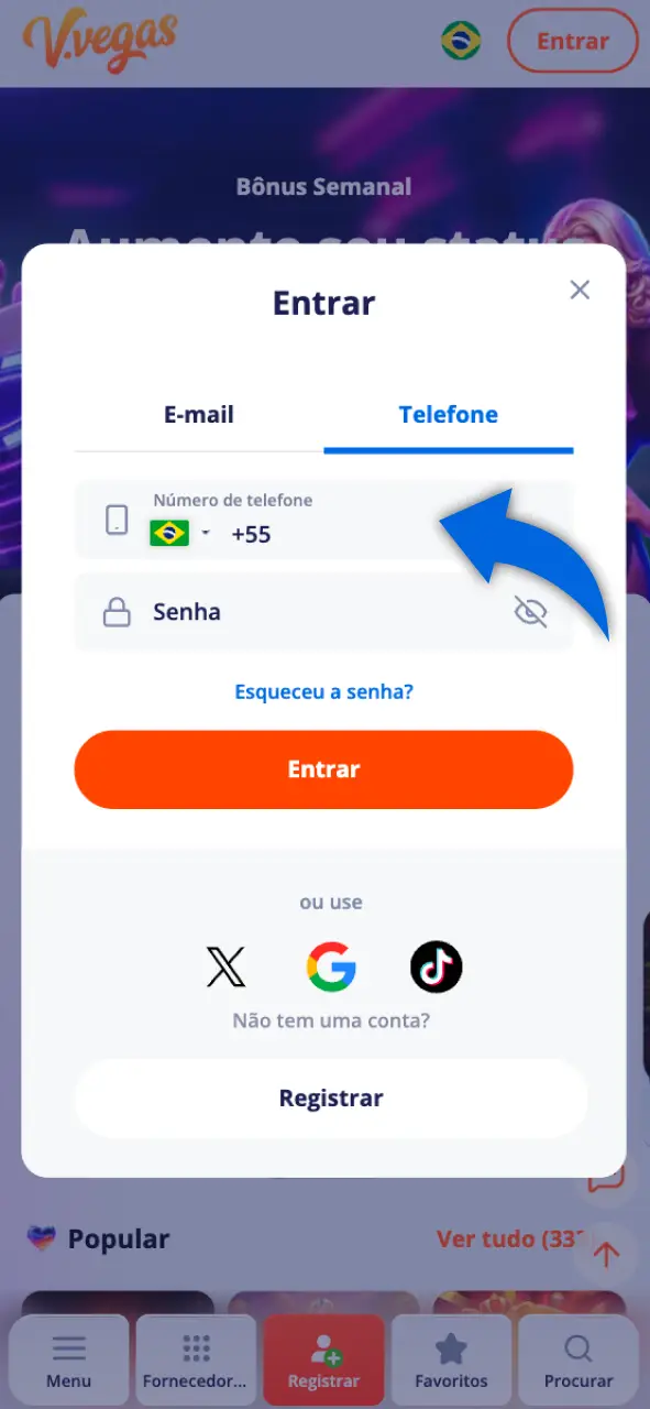 Faça login e acesse o caixa para seu Depósito no Vulkan Vegas.