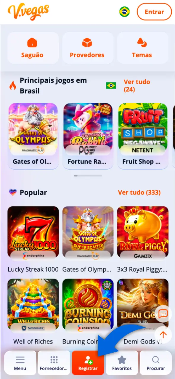 Clique no botão de cadastro para realizar sua inscrição no Vulkan Vegas.