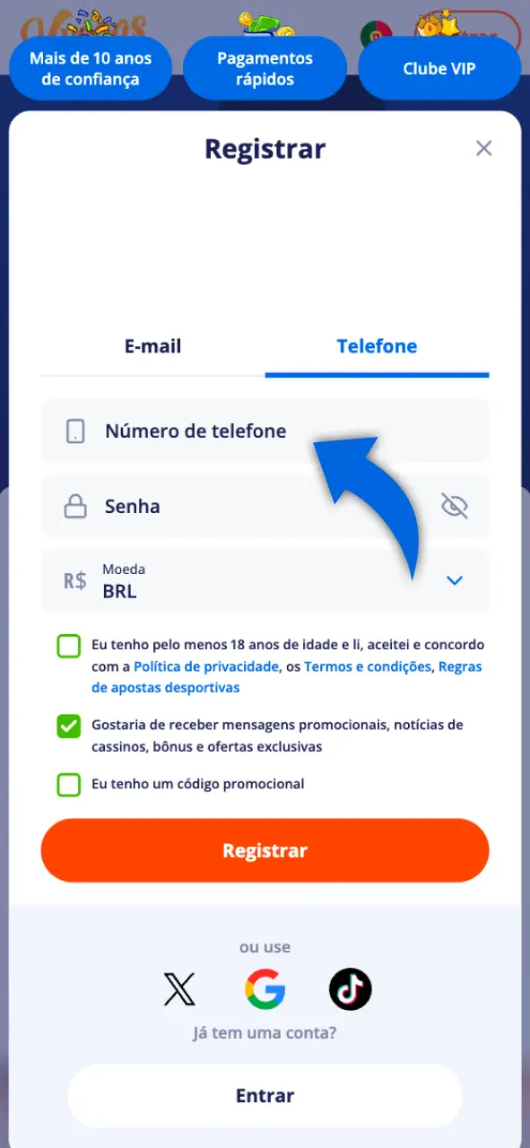 Informe os dados iniciais necessários para a sua inscrição no Vulkan Vegas.