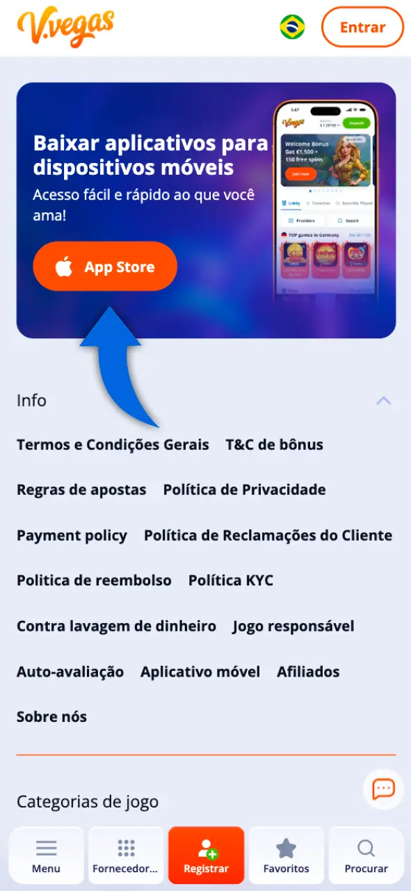 Procure pelo aplicativo Vulkan Vegas oficial na App Store do seu iOS.