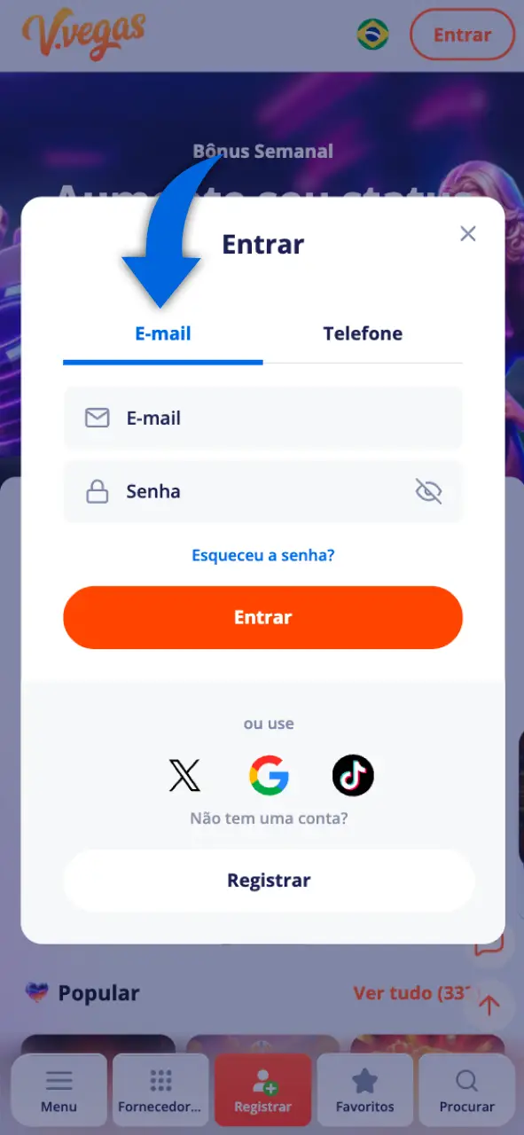 Escolha o método de login e insira seus dados no Vulkan Vegas.