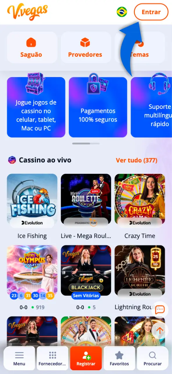 Encontre o botão de login no Vulkan Vegas.